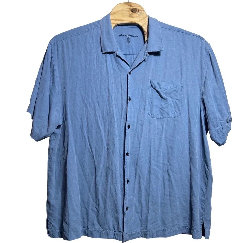 Tommy Bahama Mens 2XB Blue 100% Silk Short Sleeve Button Down Camp Shirt Solid